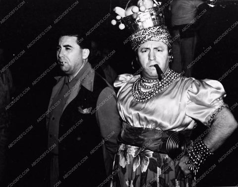 Curly Howard of Three Stooges in drag with cigar behind the scenes 764-20