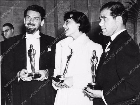 Paul Muni Luise Rainer Frank Capra on stage Academy Awards w their statues 1287-34