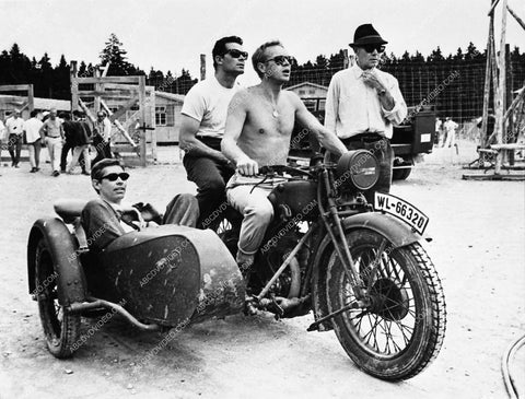 James Coburn James Garner Steve McQueen w motorcycle sidecar on set The Great Escape 1565-31