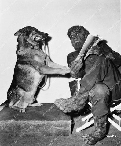 Lon Chaney Jr relaxes reading newspaper w his dog on set film The Wolf Man 1625-25