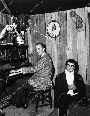 candid Christopher Lee at piano with Bela Lugosi looking dummy 1734-29