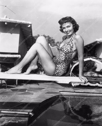 Donna Reed leggy pin-up cheesecake pose in leopard swimsuit 2176-30