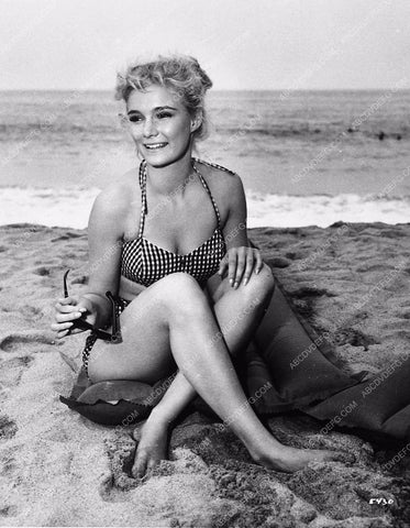Yvette Mimieux in bikini on beach with toes in the sand 3406-17