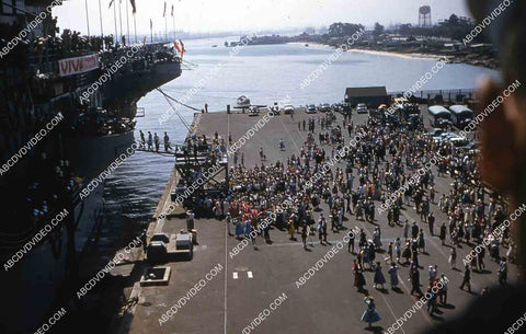 circa 1956 historic San Diego aircraft carrier USS Shangri-La arrives in port 35m-16561