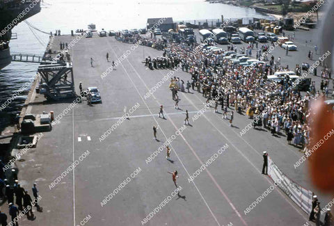 circa 1956 historic San Diego aircraft carrier USS Shangri-La arrives in port 35m-16599