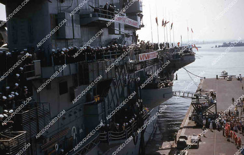 circa 1956 historic San Diego aircraft carrier USS Shangri-La arrives in port 35m-16600