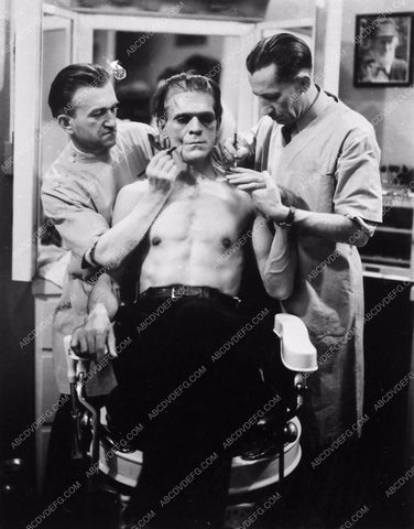 Boris Karloff Jack Pierce doing makeup Frankenstein 3725-17