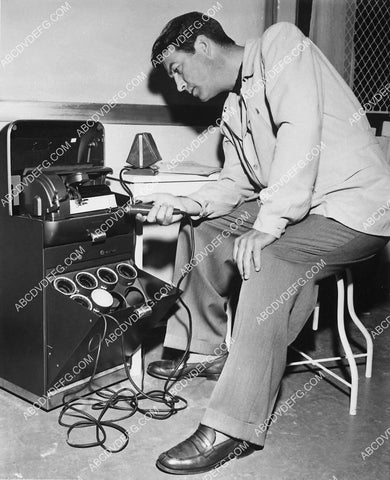 Robert Taylor w one of those cylinder record carving machines for audio playback 6628-31