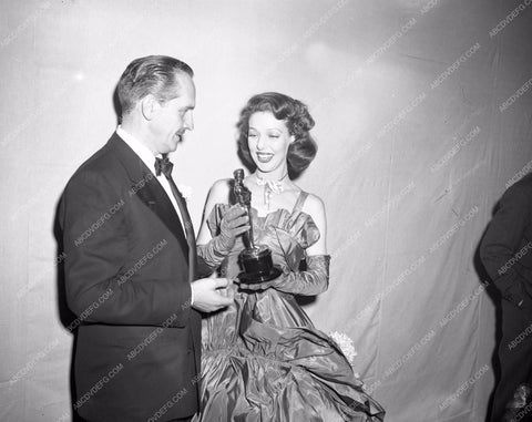 1947 Oscars Loretta Young and her statue Academy Awards aa1947-21</br>Los Angeles Newspaper press pit reprints from original 4x5 negatives for Academy Awards.