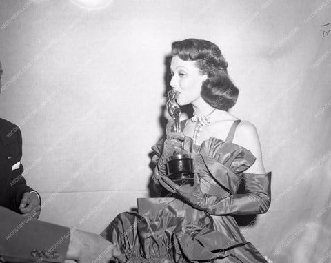 1947 Oscars Loretta Young and her statue Academy Awards aa1947-24</br>Los Angeles Newspaper press pit reprints from original 4x5 negatives for Academy Awards.