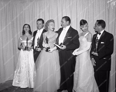 1955 Oscras Audrey Hepburn Marisa Pavin Jack Lemmon Jo Van Fleet aa1955-29</br>Los Angeles Newspaper press pit reprints from original 4x5 negatives for Academy Awards.