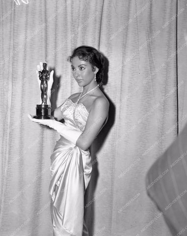 1956 Oscars Rita Moreno and statue Academy Awards aa1956-03</br>Los Angeles Newspaper press pit reprints from original 4x5 negatives for Academy Awards.