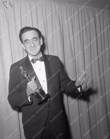 1957 Oscars director David Lean and statue Academy Awards aa1956-58</br>Los Angeles Newspaper press pit reprints from original 4x5 negatives for Academy Awards.