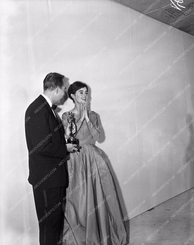 1958 Oscars Millie Perkins and statue Academy Awards aa1958-23</br>Los Angeles Newspaper press pit reprints from original 4x5 negatives for Academy Awards.