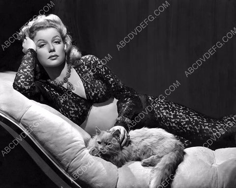 sexy Ann Sheridan in form fitting lingerie poses w her cat 8b20-11388