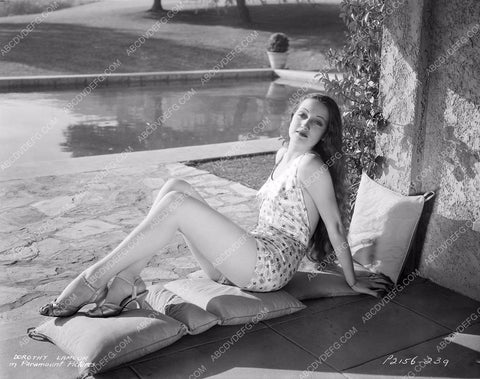 shapely and sexy Dorothy Lamour in swimsuit laying by the pool 8b20-12242