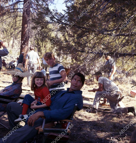 Clint Walker w the kids and Martha Hyer on set film Night of the Grizzly 8b20-17246