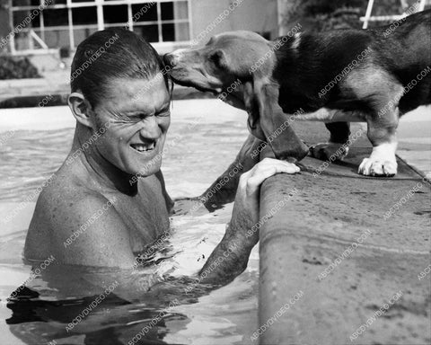 candid Chuck Connors in the pool playing w his dog 8b20-17540