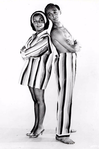 Annette Funicello and friend in striped beach wear 8b20-2931