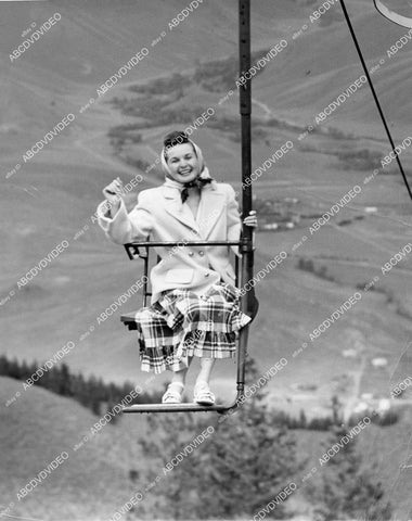 crp-01053 1940's historic Sun Valley Idaho Mrs Stewart Tinsman of Beverly Hills on chairlify on Baldy Mountain crp-01053