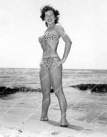 crp-12427 1950 sexy Marian Heatherly in leopard print bikini in the surf vintage pinup pose crp-12427