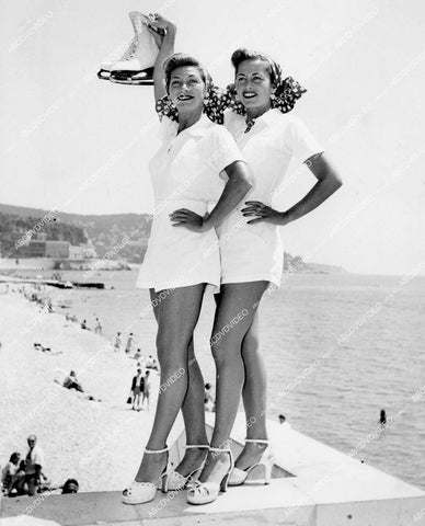crp-13652 1950 pretty sister ice skaters Helga & Inge Brandt on vacation w no use for ice skates crp-13652