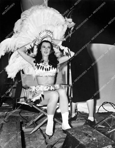 crp-13694 1939 gorgeous ice skater Bess Ehrhardt puts on headdress American Indian routine film Ice Follies of 1939 crp-13694