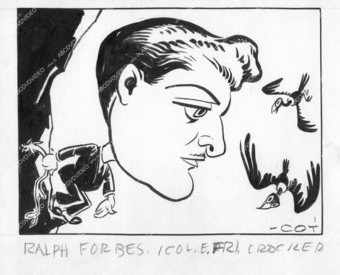 crp-13763 1930's artists work ink on heavy stock Ralph Forbes caricature for phobia newspaper article artist "Cot" crp-13763