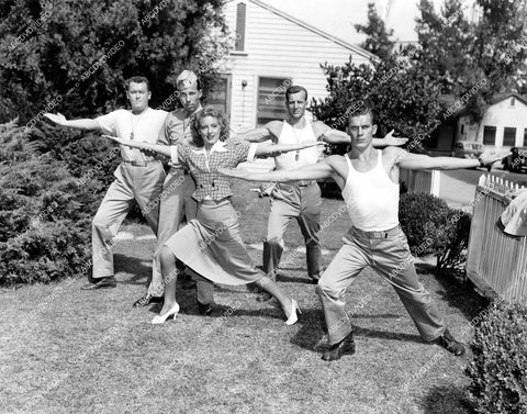 crp-14376 1943 exercise calisthenics for Evelyn Keyes, Bruce Bennett, Walter E O'Brien, Frank Sully, Craig Woods film There's Something About a Soldier crp-14376