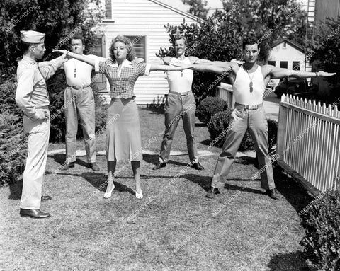 crp-14377 1943 exercise calisthenics for Evelyn Keyes, Bruce Bennett, Walter E O'Brien, Frank Sully, Craig Woods film There's Something About a Soldier crp-14377