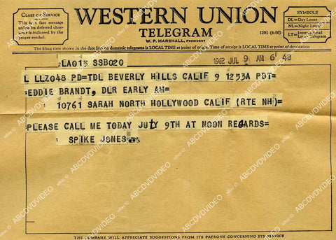 crp-16441 1962 Western Union Telegram bandleader Spike Jones to Eddie Brandt crp-16441