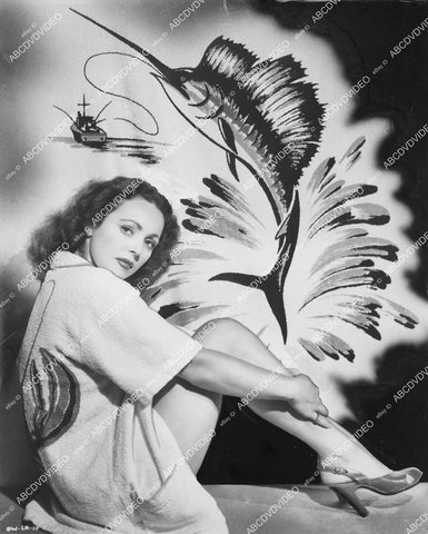 crp-01900 1950 Lina Romay w fishing artwork and semi matching bathrobe crp-01900