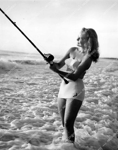 crp-19042 1951 sexy in bikini Shirley Rhodes w nice legs goes fishing at beach vintage pinup pose crp-19042