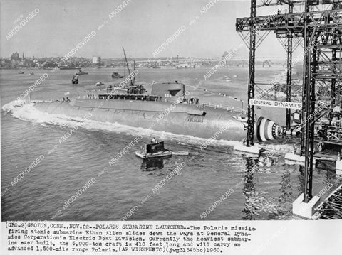 crp-02523 1960 new submarine USS Ethan Allen launches from General Dynamics w Polaris missiles crp-02523