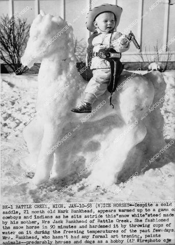 crp-02548 1958 cute little cowboy Mark Bankhead on snow topiary horse Battle Creek, Mich crp-02548