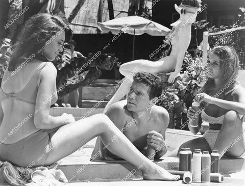 crp-02793 1967 pool party bikini babes Lucienne Bridou, Kate Aldrich w Dan Ferrone Come Spy with Me crp-02793